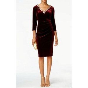 ALEX EVENINGS NWT 20W Burgundy Velvet Dress Side Gathered  w/ Jeweled Neck Lined
